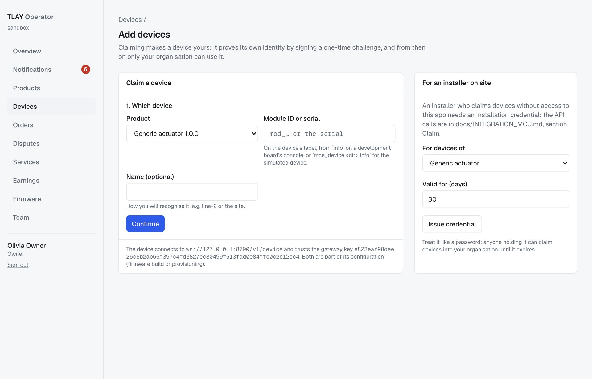Add devices page: step one of the claim wizard and the credential card for installers on site