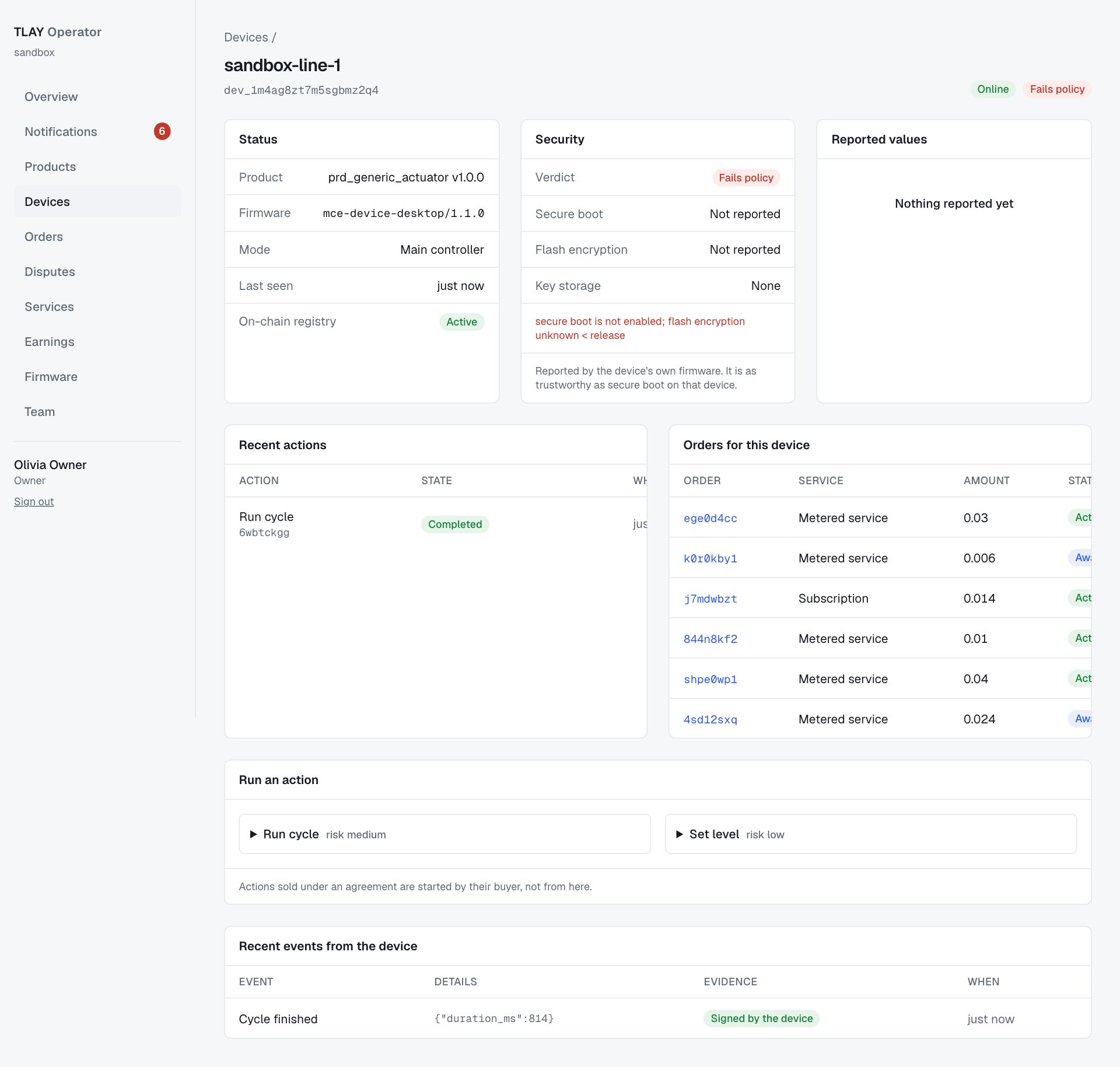 Device detail page: status, security, reported values, recent actions, orders, run an action and device events