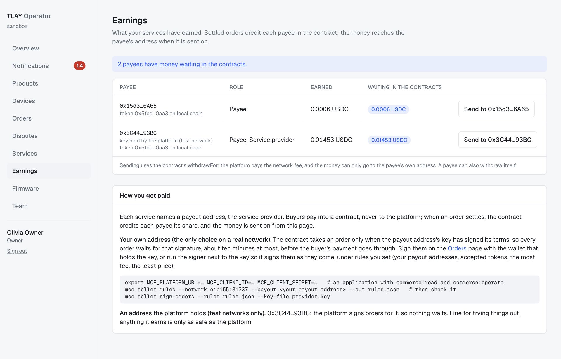 Earnings page: total earnings per payee, amounts waiting to be sent, and the Send to buttons