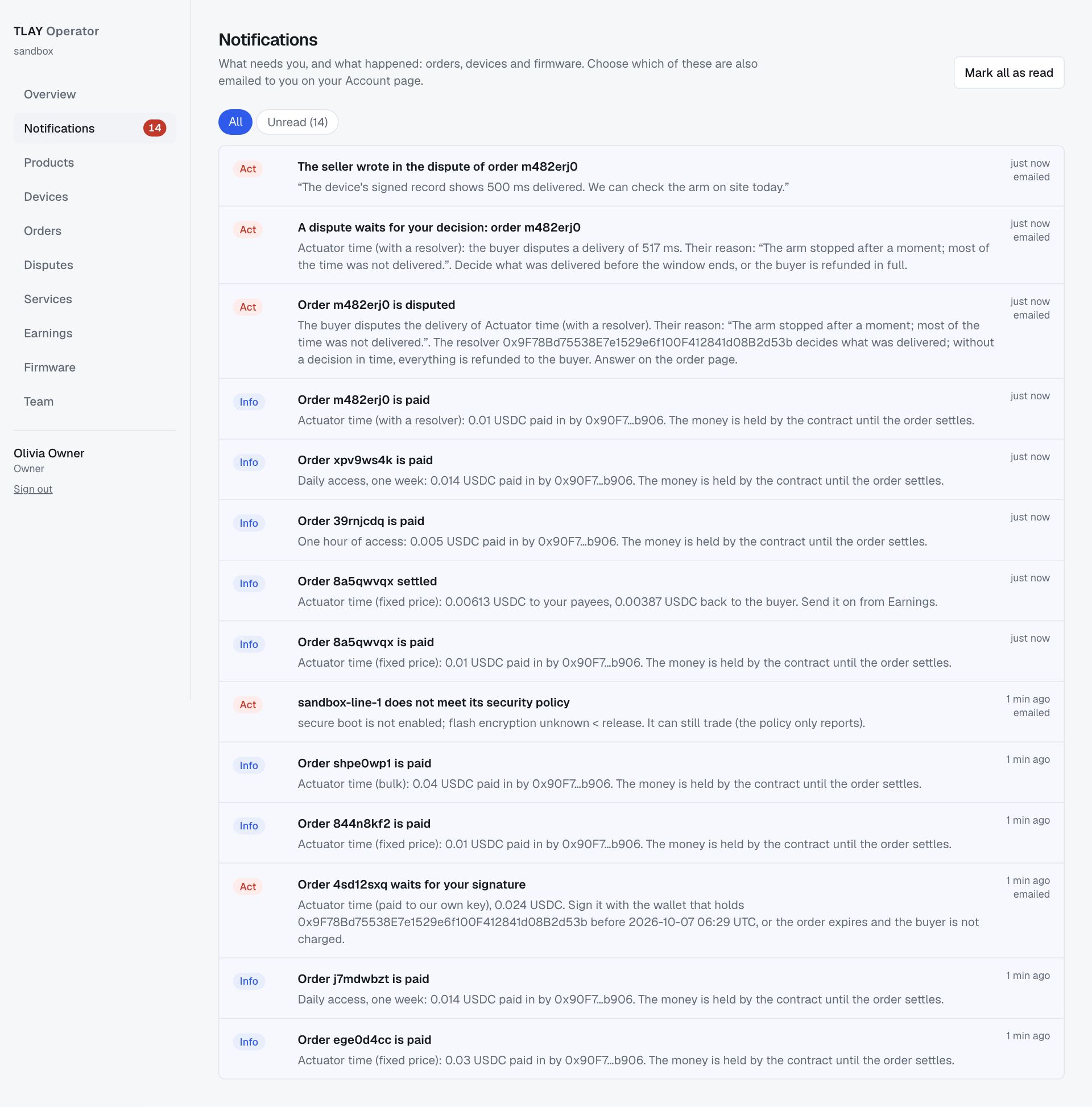 Notifications page: the unread count, mark all as read, and notifications about disputes, payments, settlements and signatures