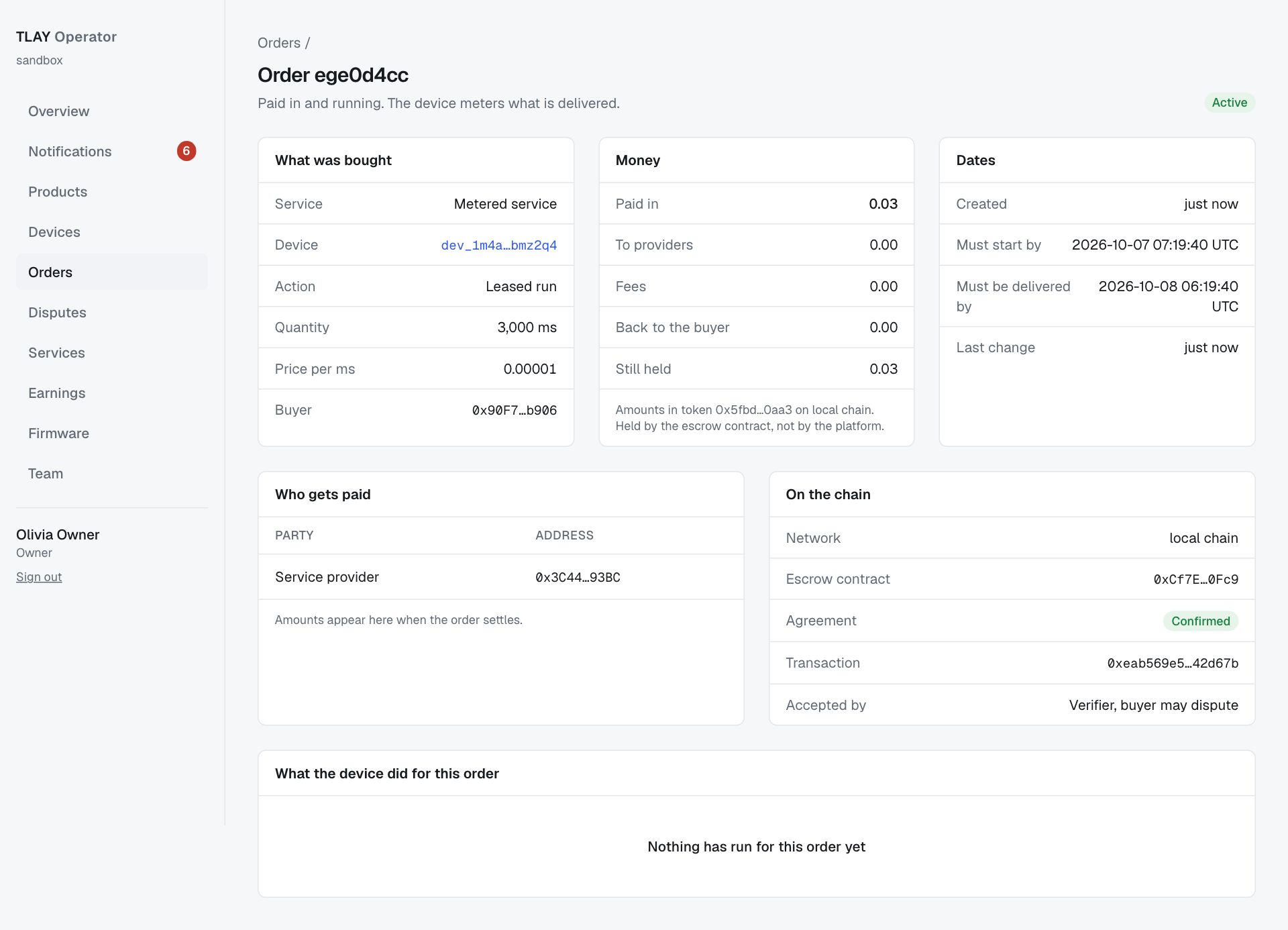 Order detail page: What was bought, Money, Dates, Who gets paid, On the chain, and the device run log