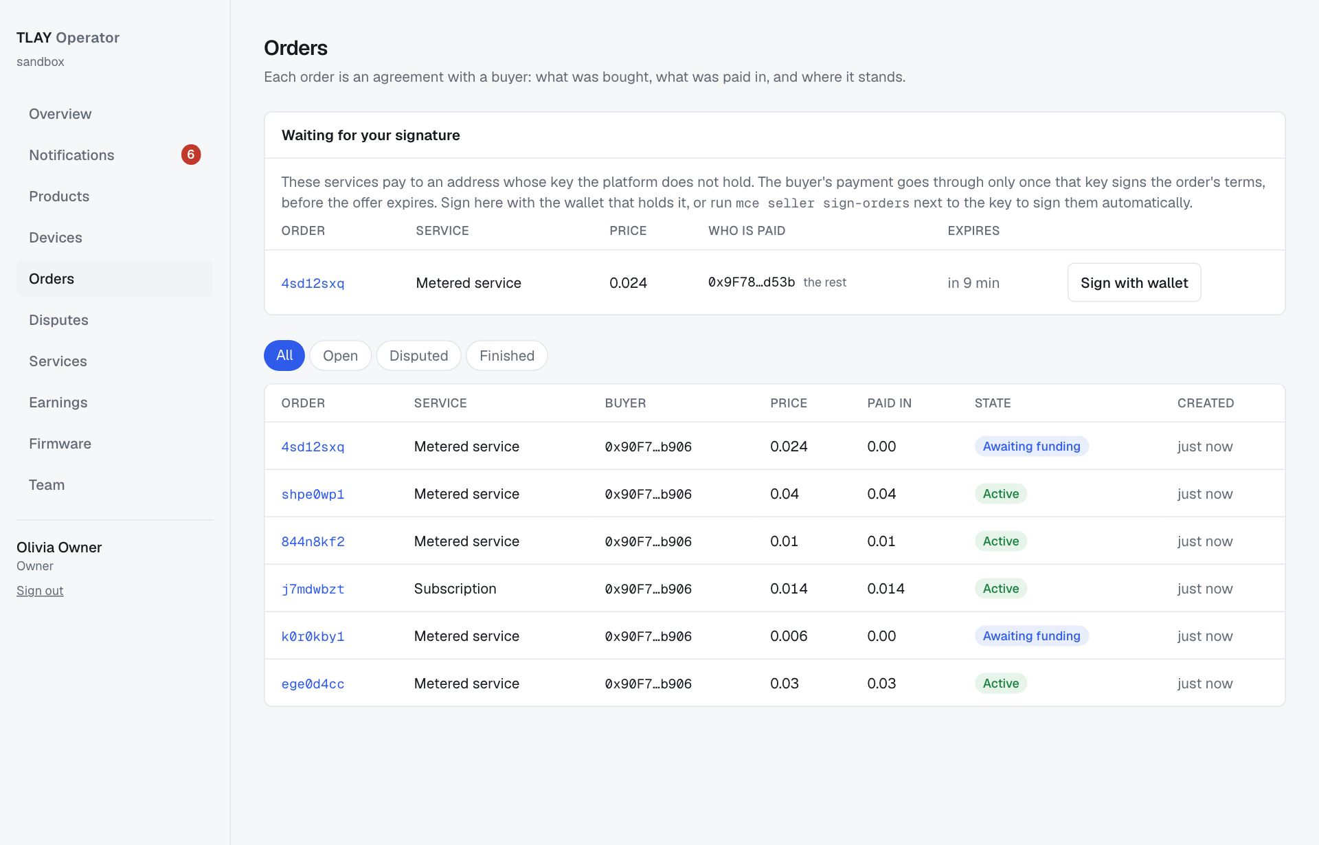 Orders page: orders waiting for a signature at the top, and the list of all orders with their states below