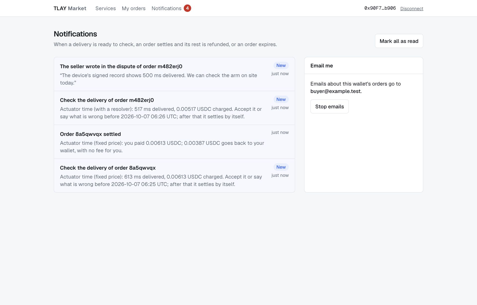 Shop notifications page: a delivery waiting for acceptance, a settlement and a seller reply, with the confirmed email address and Stop emails on the right