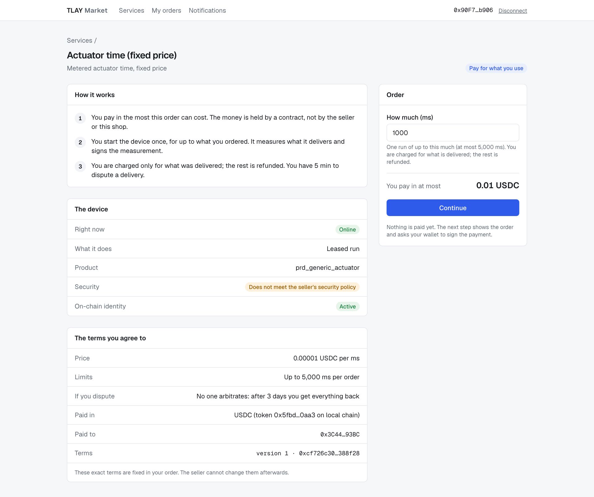 Service page after connecting a wallet: the wallet address at the top right and a quantity field in the order panel