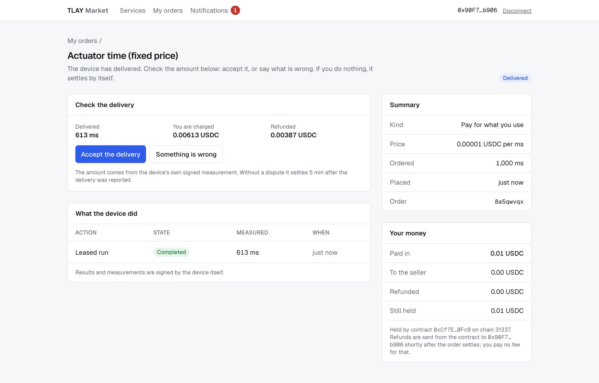 Check the delivery: 618 ms delivered, 0.00618 USDC charged, 0.00382 USDC refunded, and the accept and dispute buttons